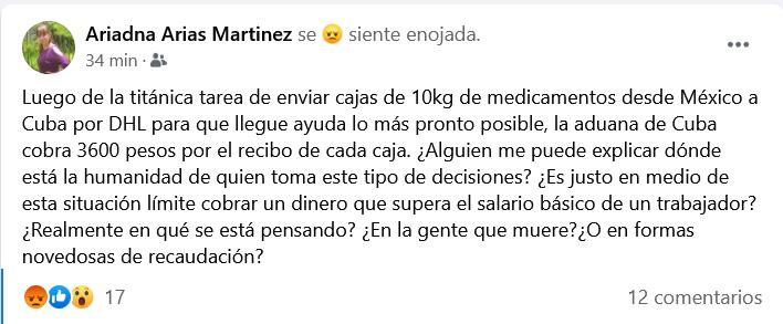 Publicación sobre precios de aduana. (Facebook).