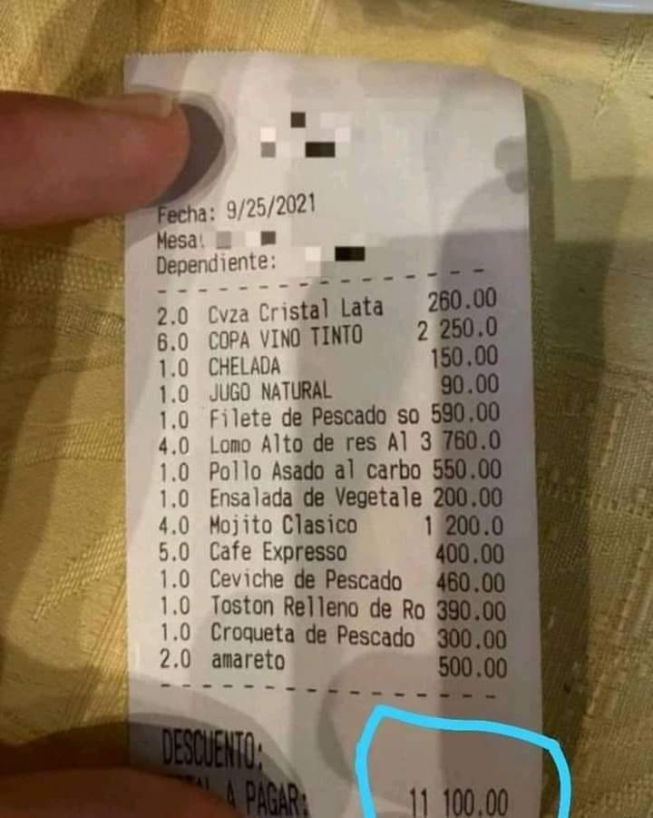 precios en restaurante