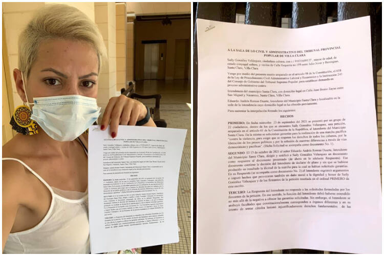 Sily González con la demanda que impuso ante el Tribunal de Villa Clara. (Collage: Saily González-Facebook)