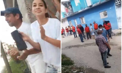 Roxana García Lorenzo y su padre enfrentando el acto de repudio. (Roxana García Lorenzo-Facebook)