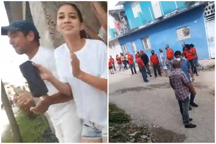 Roxana García Lorenzo y su padre enfrentando el acto de repudio. (Roxana García Lorenzo-Facebook)