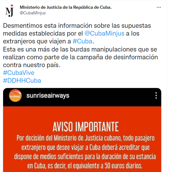 Nuevo requisito de entrada a Cuba para extranjeros es falso, según el ministerio de Justicia