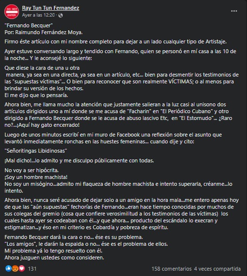 Ray Fernández defendiendo a Fernando Bécquer por ser su amigo. (Facebook)