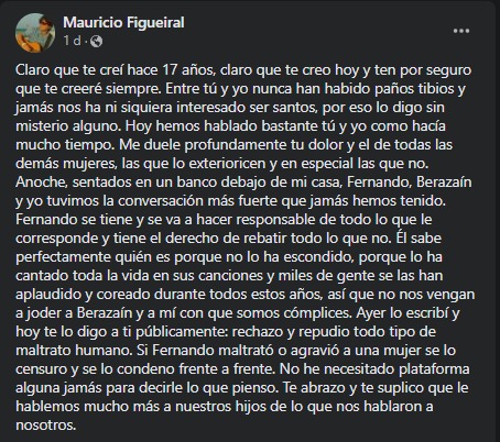 Publicación de Mauricio Figueiral en respuesta a Liliana H. Balance, víctima de abuso. (Facebook)