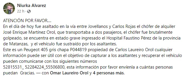Asalto en Matanzas roban un vehículo en la carretera entre los poblados de Jovellanos y Carlos Rojas
