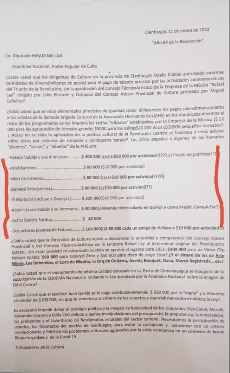 Carta enviada a la Asamblea Nacional