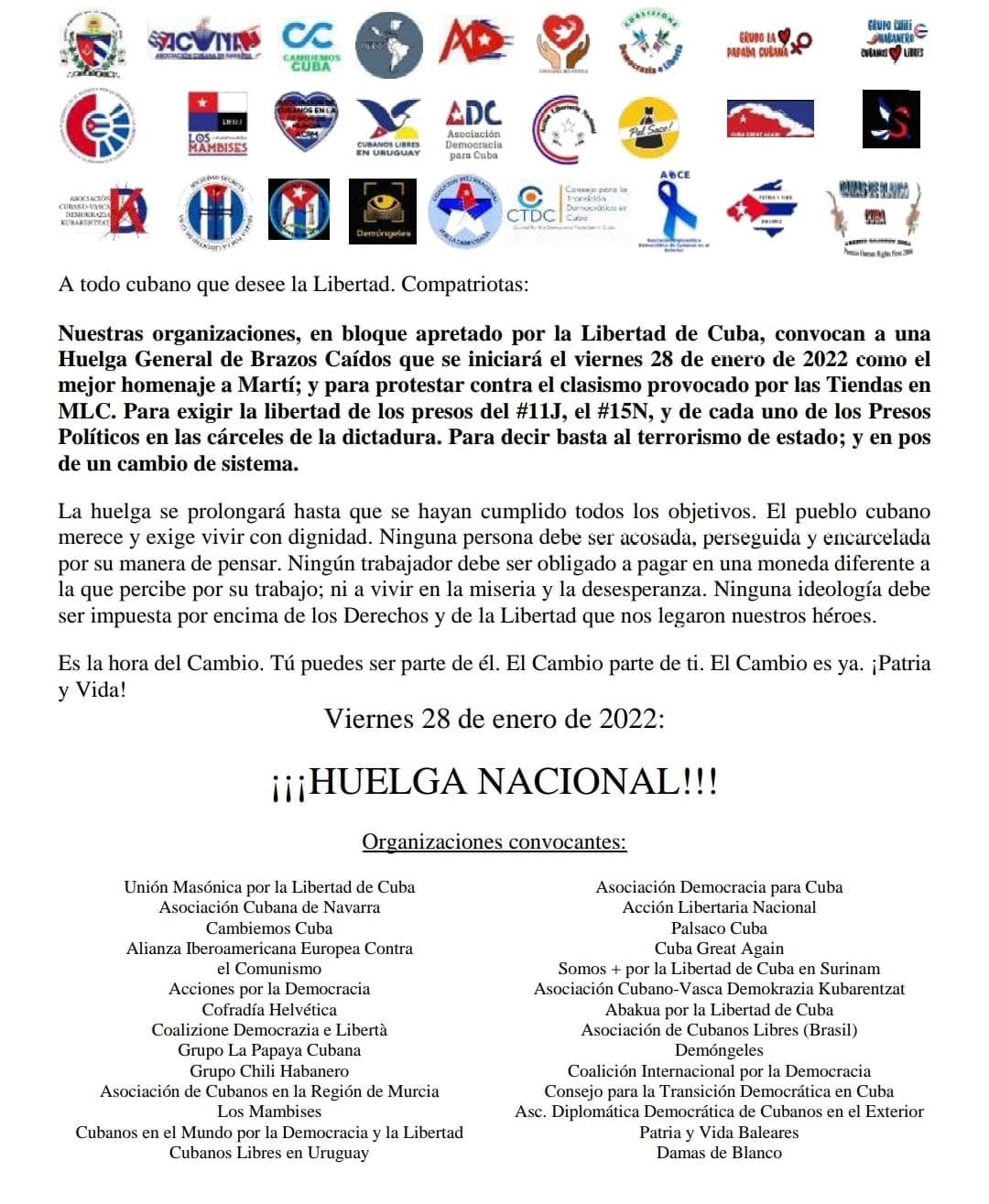 Diversas organizaciones opositoras convocan a un Paro Nacional en Cuba para exigir el fin a la represión y las injusticias