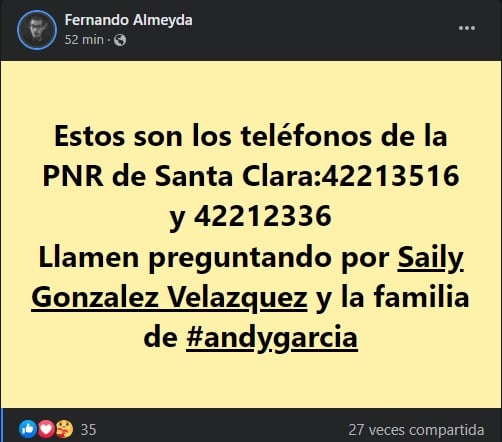 Publicación pidiendo apoyo para Saily González. (Facebook)