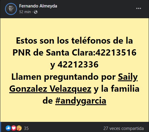 Publicación pidiendo apoyo para Saily González. (Facebook)