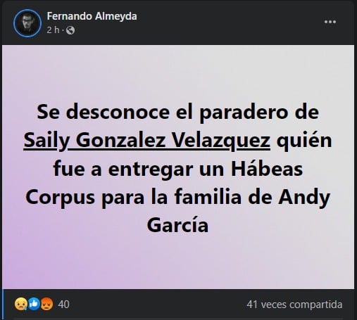 Publicación sobre Saily González. (Facebook)
