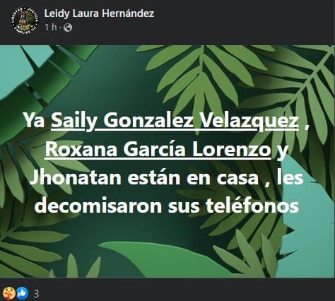 Publicación sobre liberación de familia de Andy y Saily González. (Facebook)