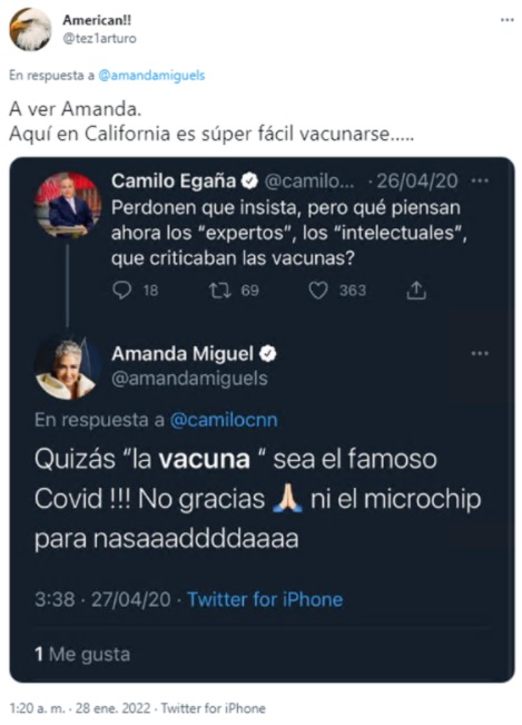 Tuit antivacunas de Amanda Miguel. (Twitter) 
