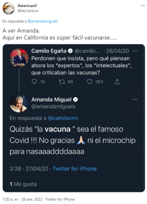 Tuit antivacunas de Amanda Miguel. (Twitter)