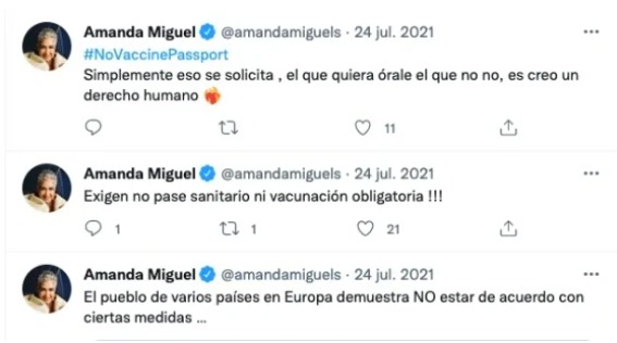 Tuit antivacunas de Amanda Miguel. (Twitter)