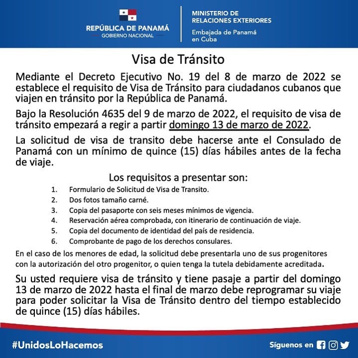 Información oficial de la embajada de Panamá en Cuba sobre visas de tránsito