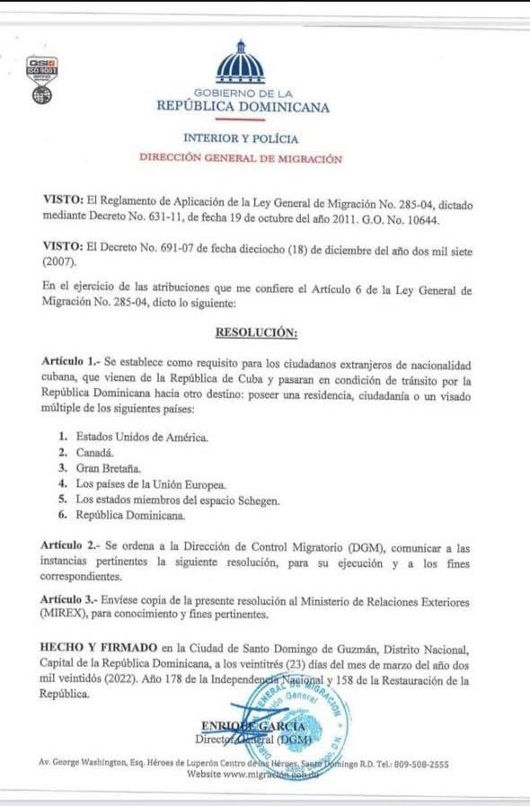 República Dominicana exigirá visa de tránsito para los cubanos