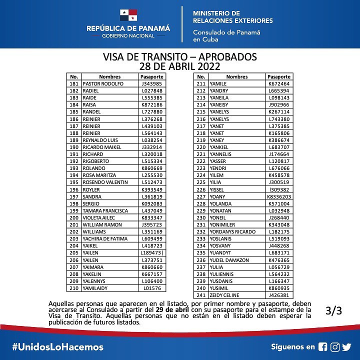 Embajada de Panamá publica listado con más de 240 visas de tránsito aprobadas
