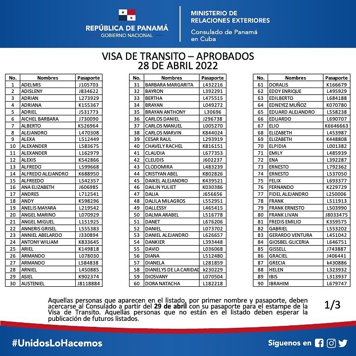 Embajada de Panamá publica listado con más de 240 visas de tránsito aprobadas