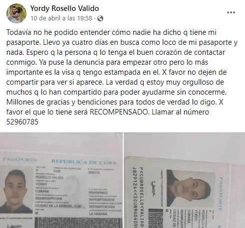 Joven cubano pide ayuda para poder encontrar su pasaporte extraviado desde hace días