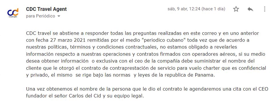 Respuesta de CDC Travel Agent