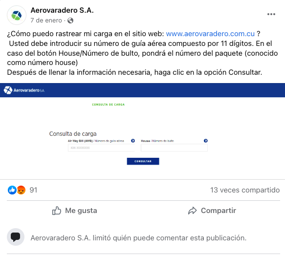 Aerovaradero no deja que comenten en sus publicaciones