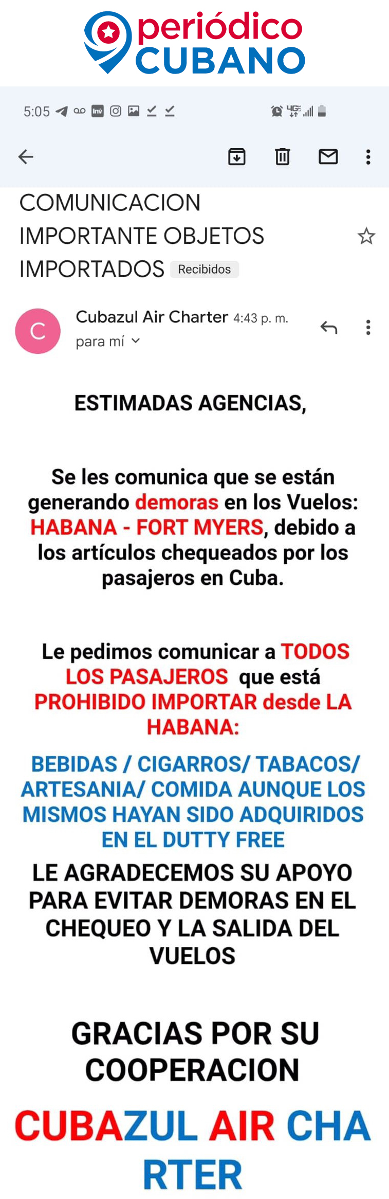 Cubazul Charter objeto importados