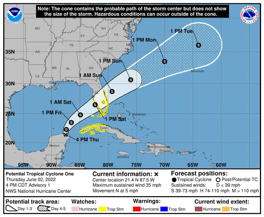 Centro Nacional de Huracanes emite primer aviso sobre la potencial tormenta tropical Alex2022
