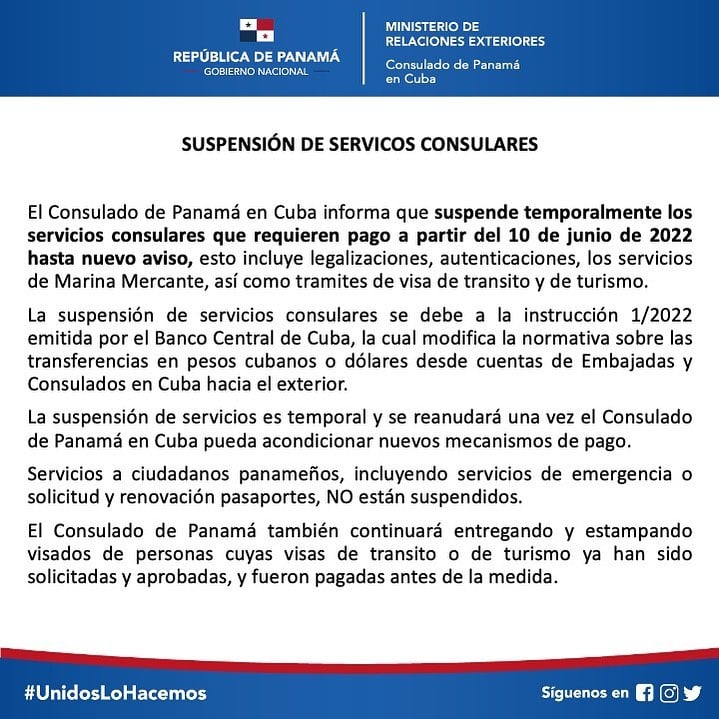 Embajada de Panamá en Cuba suspende trámites de visa de tránsito y de turismo