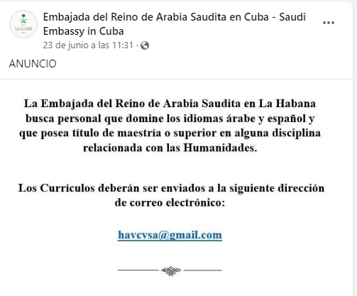 Oferta de empleo en la embajada de Arabia Saudita en Cuba