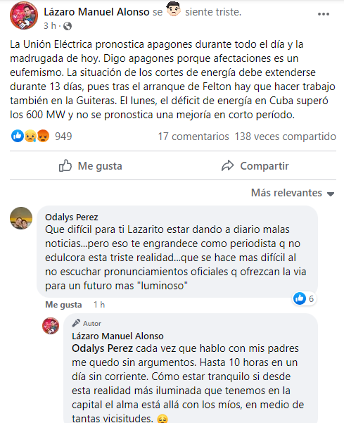 Periodista oficialista Lázaro Manuel Alonso se queja de los apagones de 10 horas en Cuba