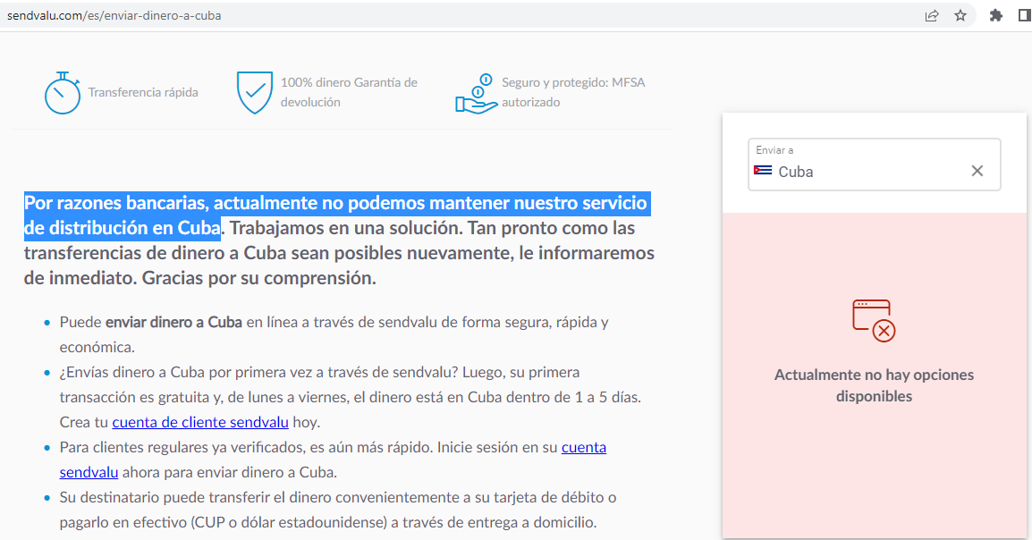 Sendvalu, plataforma de envío de remesas a Cuba, deja de funcionar por “razones bancarias”