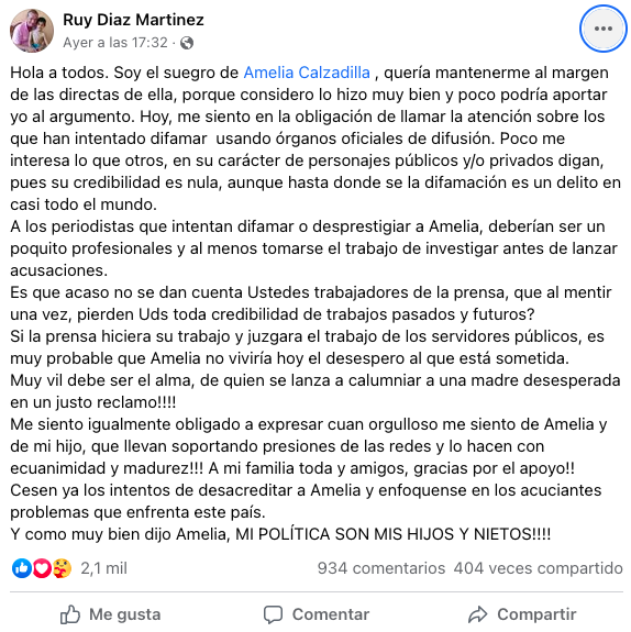 Suegro de Amelia Calzadilla alza su voz