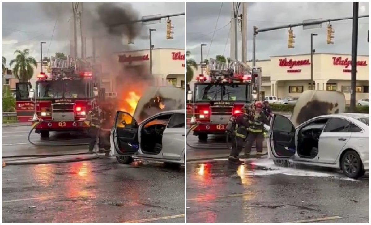Un vehículo se incendia en un estacionamiento de la ciudad de Hialeah