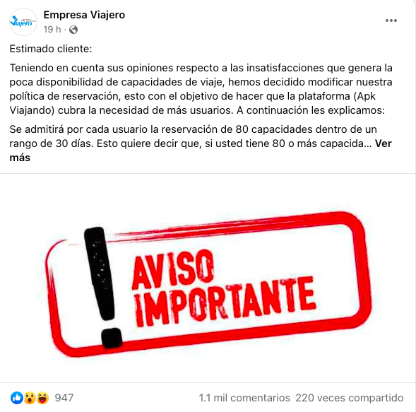 Post en Facebook de la Empresa 'Viajero'