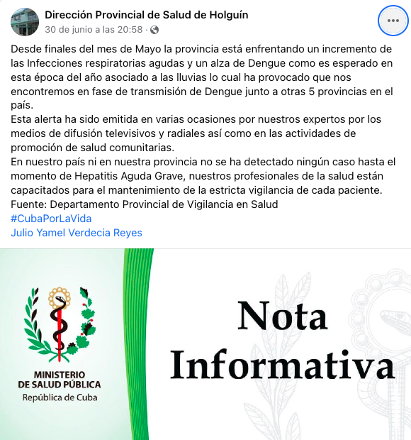 Nota de la Dirección Provincial de Salud de Holguín
