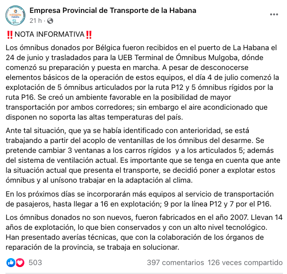 En su post la Dirección de Transporte de La Habana ofrece justificaciones