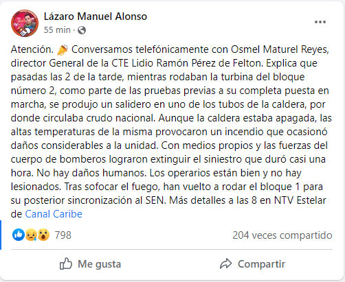 Incendio en la CTE Felton provoca “daños considerables” a la generación eléctrica