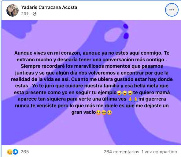 La hija dedicó un sentido mensaje a su madre