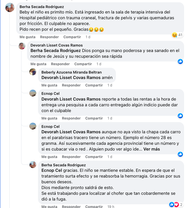 En los comentarios del post se ha podido conocer sobre el estado de salud del menor atropellado