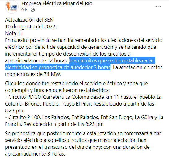 Programan solo tres horas de electricidad con 12 horas de apagón en Pinar del Río