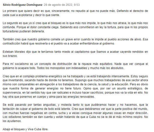 Silvio Rodríguez vaticina que “el pueblo va a acabar enfrentándose al gobierno” pues “son demasiadas las angustias”