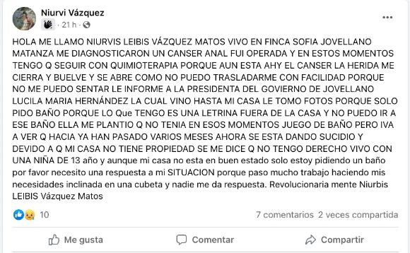 Autoridades castristas niegan construcción de un baño para una cubana enferma de cáncer