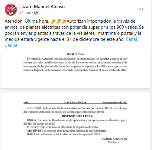 Autorizan importación, a través de envíos, de plantas eléctricas con potencias superiores