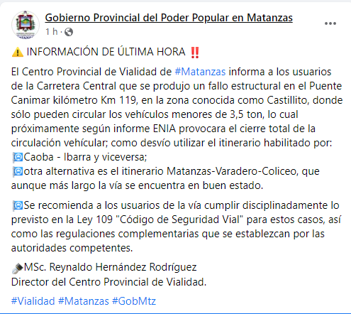 Cierran paso vehicular por fallo estructural del puente Canímar en Matanzas