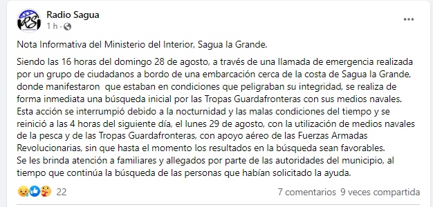 Nota de Radio Sagua sobre balseros perdidos