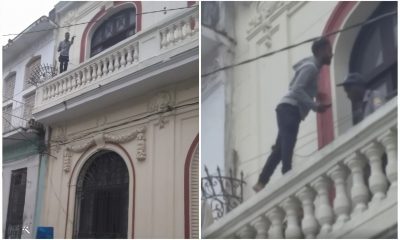 Joven cubano protesta en un balcón de la Casa de la Cultura de La Habana Vieja