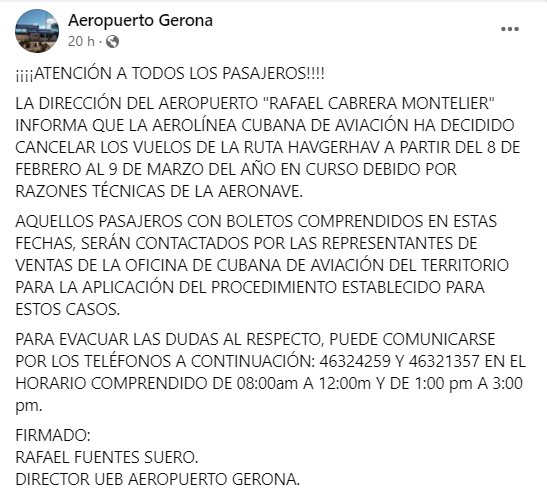 Cubana de Aviación cancela vuelos entre La Habana y Nueva Gerona por “razones técnicas de la aeronave”