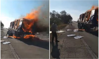 Fuego en la autopista nacional un camión estatal cargado de cartón arde sin control