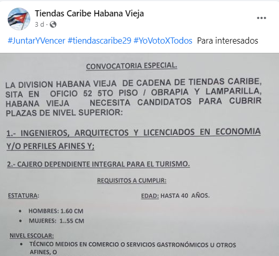 Oferta de empleo para Tiendas Caribe impone requisito de estatura mínima