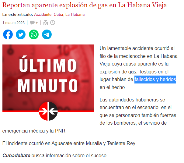 Reportan “fallecidos y heridos” por explosión de balita de gas en La Habana Vieja